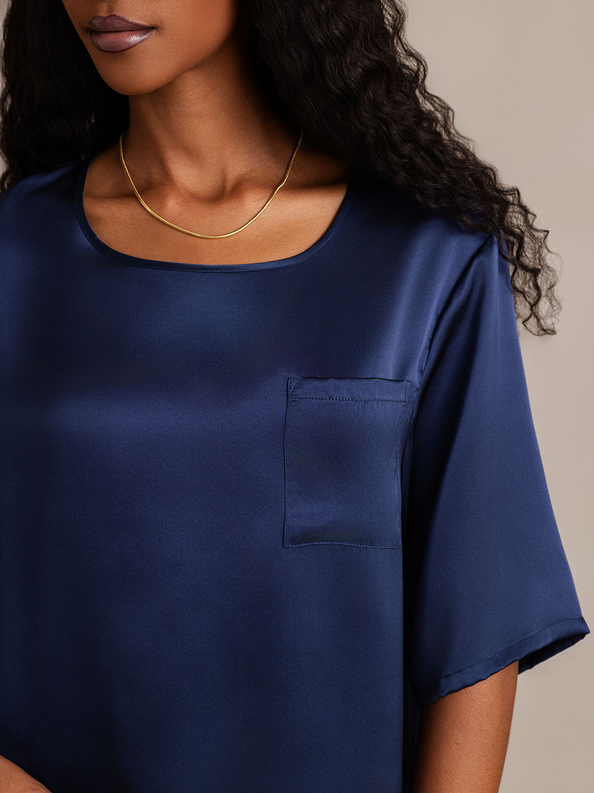 [Dark Blue] SilkSilky  Pure Silk Round Neck Women's Pajamas 008,