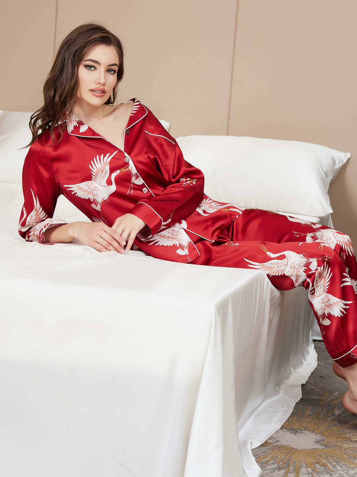 [Dark Red] SilkSilky  19Momme Pure Silk Notch Collar Women's Pajamas 008,