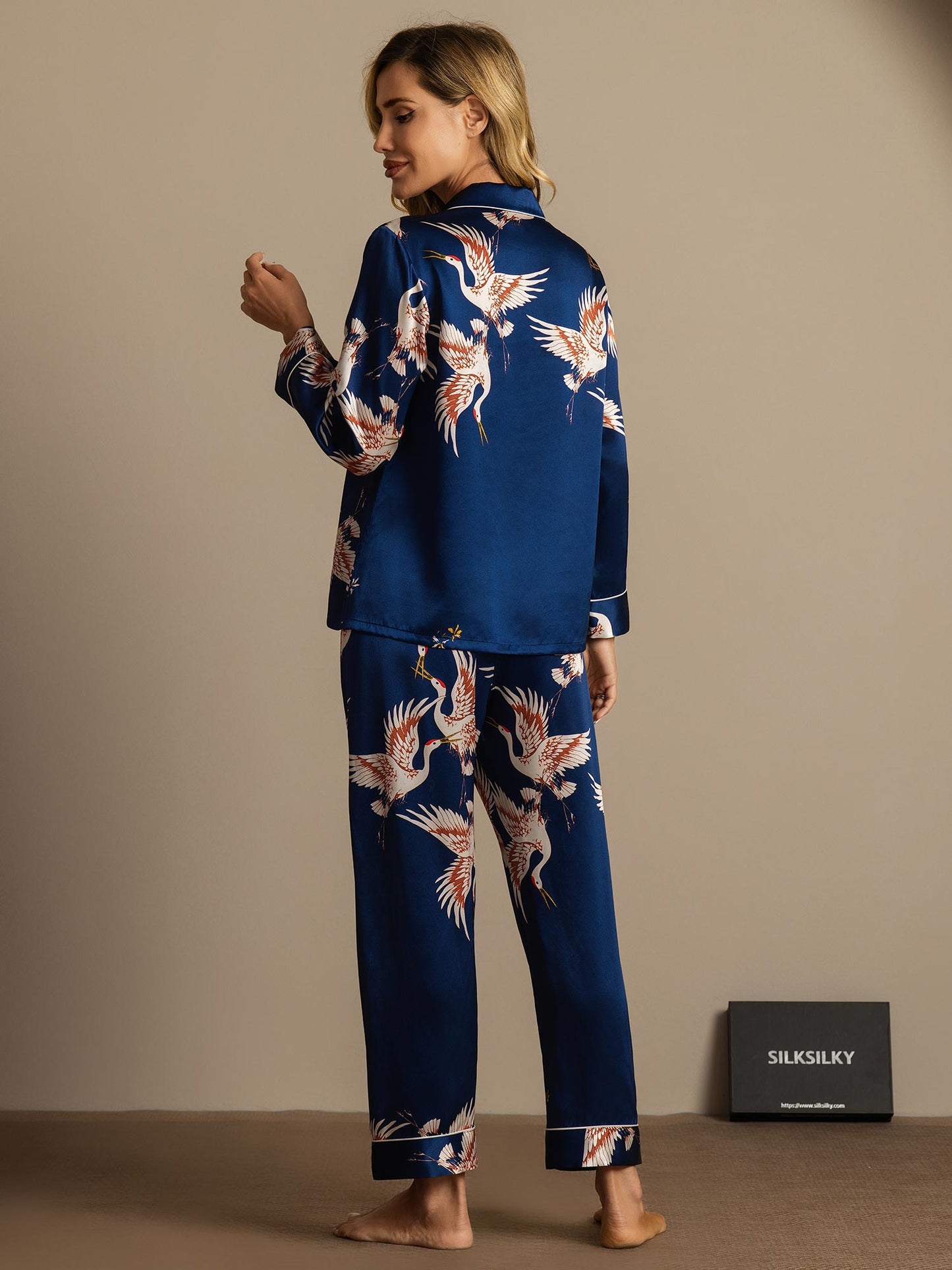 [Dark Blue] SilkSilky  19Momme Pure Silk Notch Collar Women's Pajamas 008,