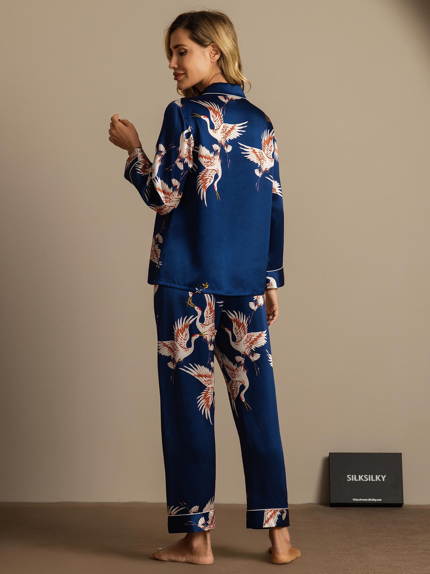 [Dark Blue] SilkSilky  19Momme Pure Silk Notch Collar Women's Pajamas 008,