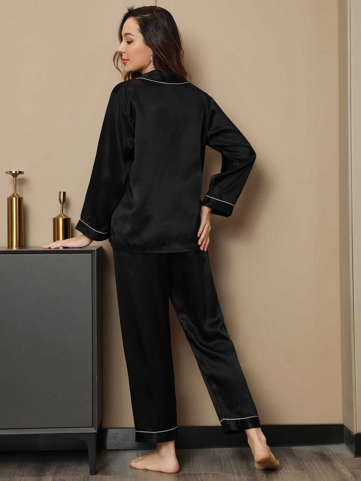 [Black] SilkSilky  Pure Silk Notch Collar Women's Pajamas 002,