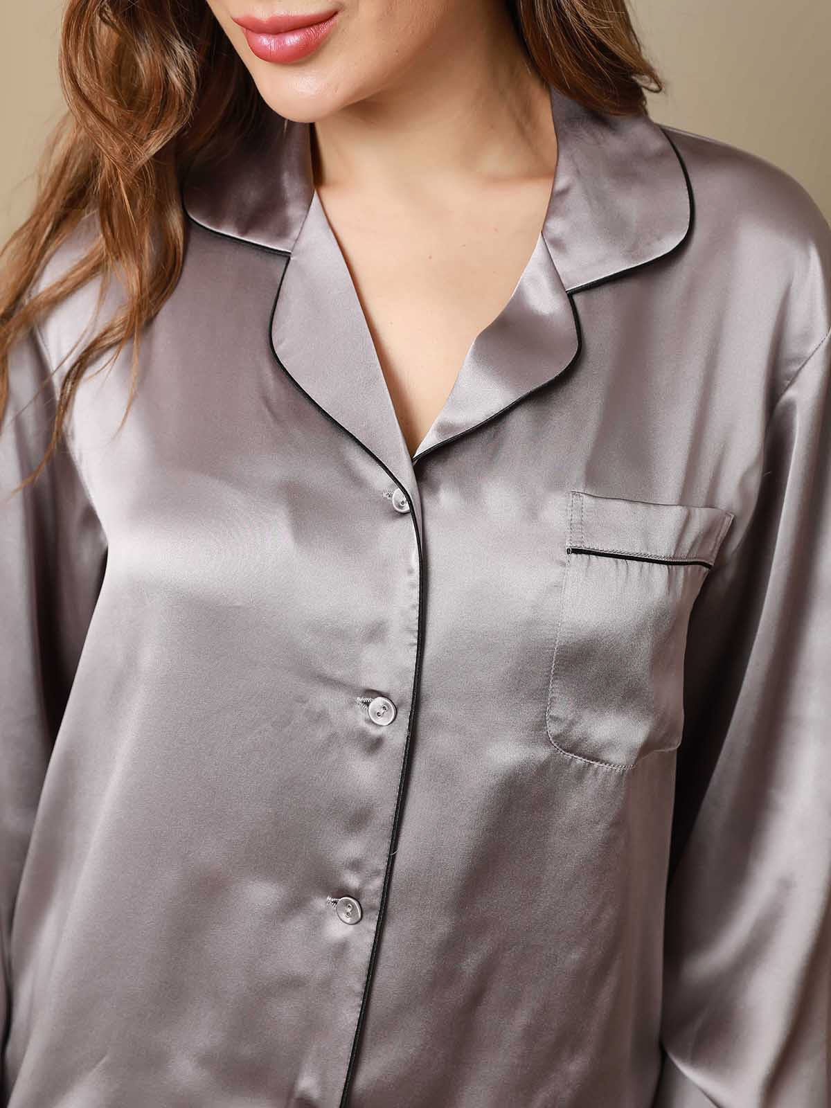 [Gray] SilkSilky  Pure Silk Notch Collar Women's Pajamas 007,