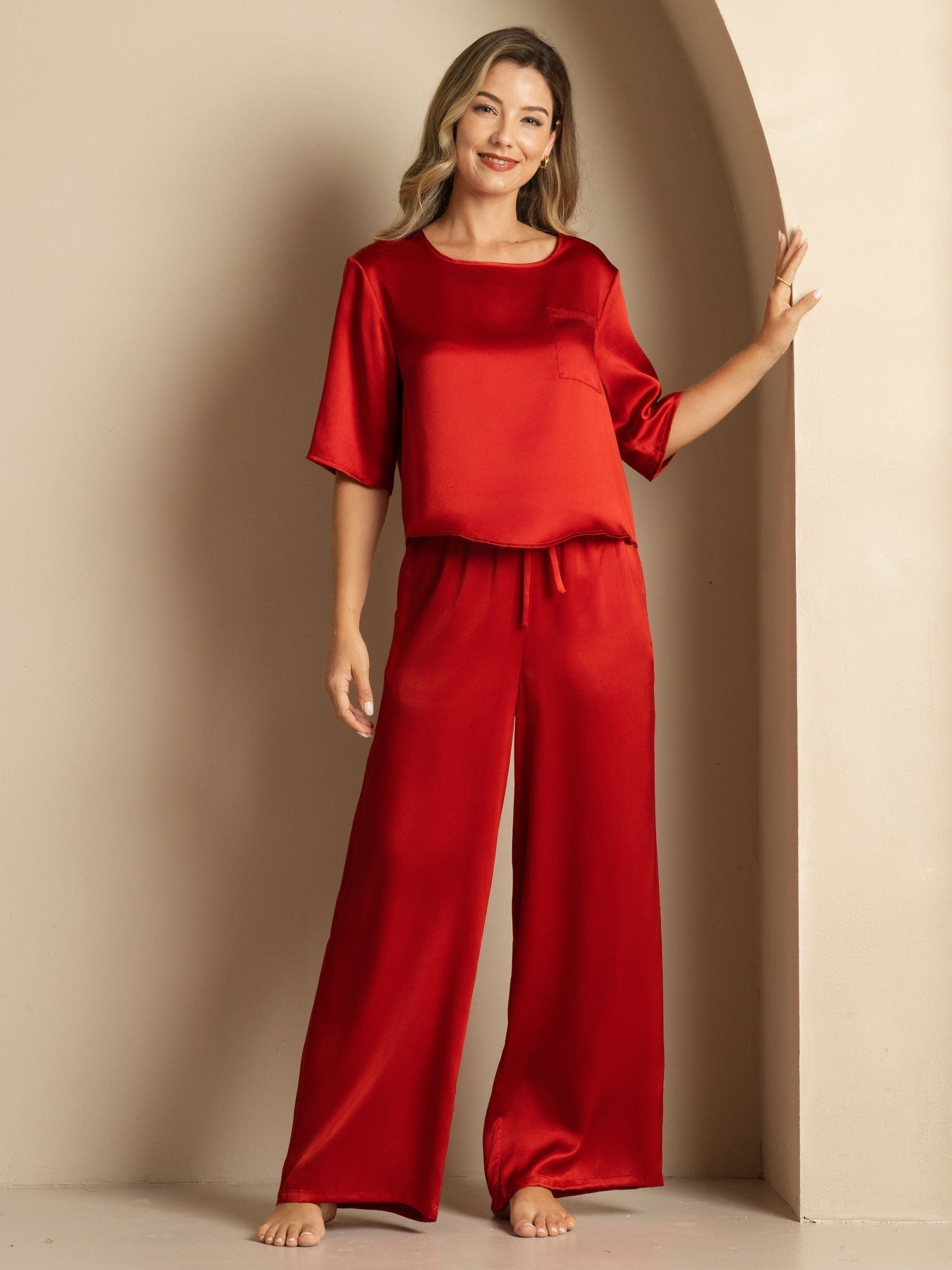 [Wine] SilkSilky  Pure Silk Round Neck Women's Pajamas 005,