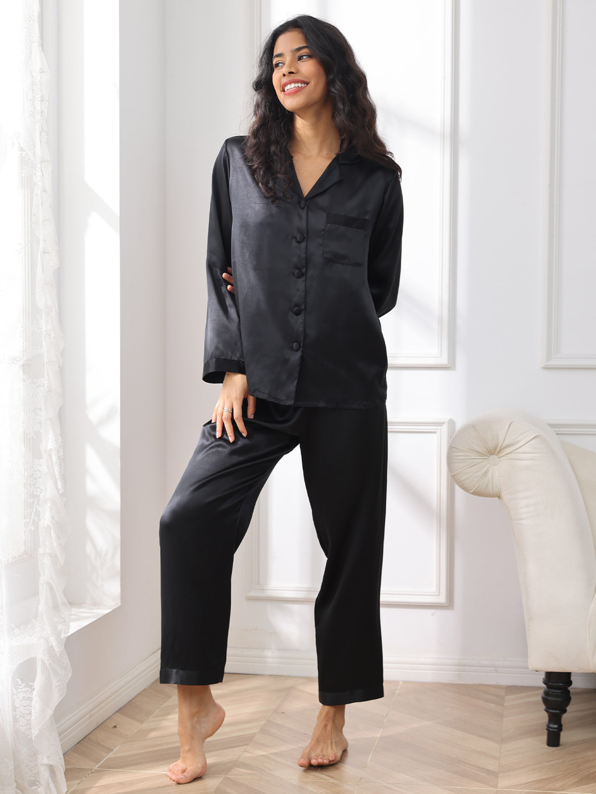 [Black] SilkSilky  Pure Silk Notch Collar Women's Pajamas 004,