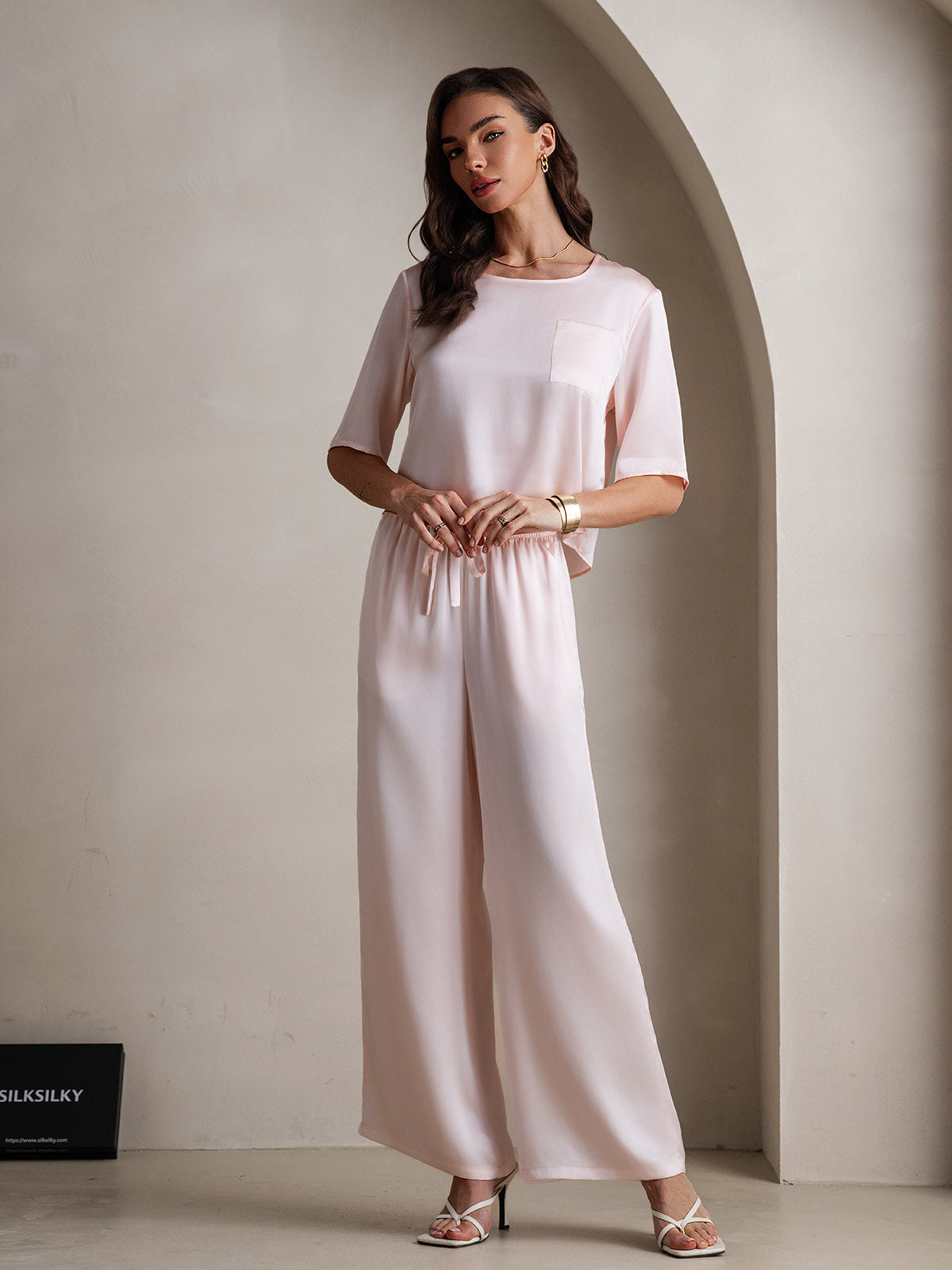 [Pink] SilkSilky  Pure Silk Round Neck Women's Pajamas 005,