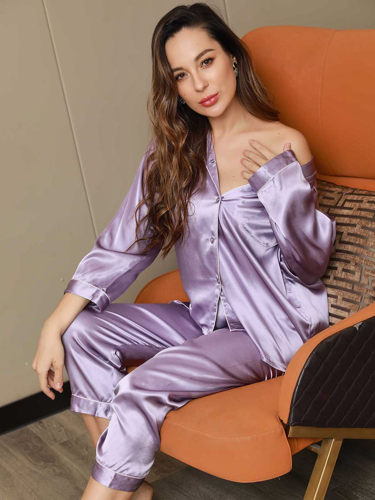 [Lavender] SilkSilky  Pure Silk Notch Collar Women's Pajamas 001,