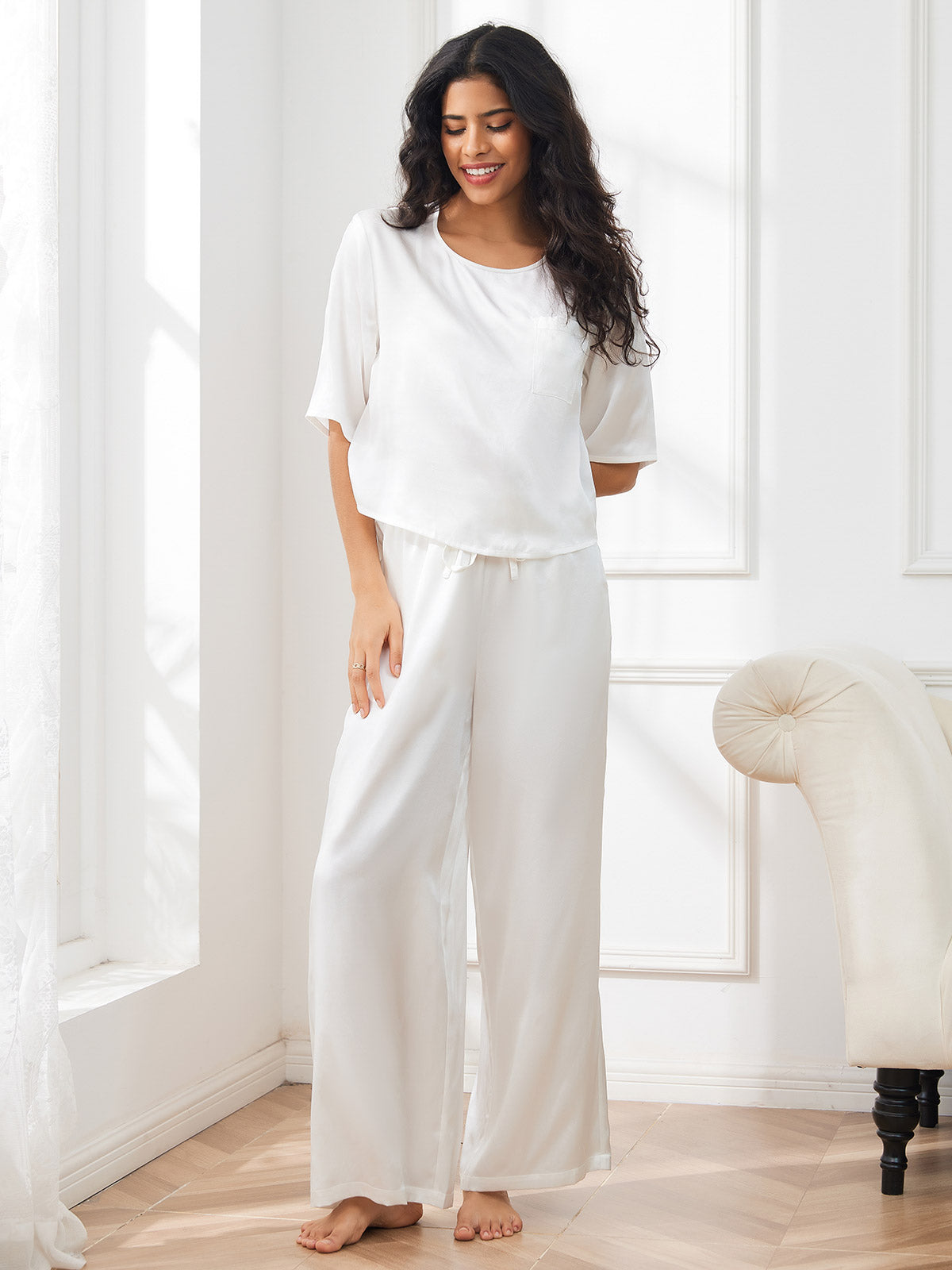[White] SilkSilky  Pure Silk Round Neck Women's Pajamas 003,