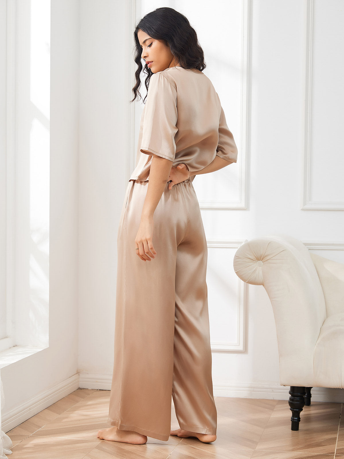 [Champagne] SilkSilky  Pure Silk Round Neck Women's Pajamas 002,