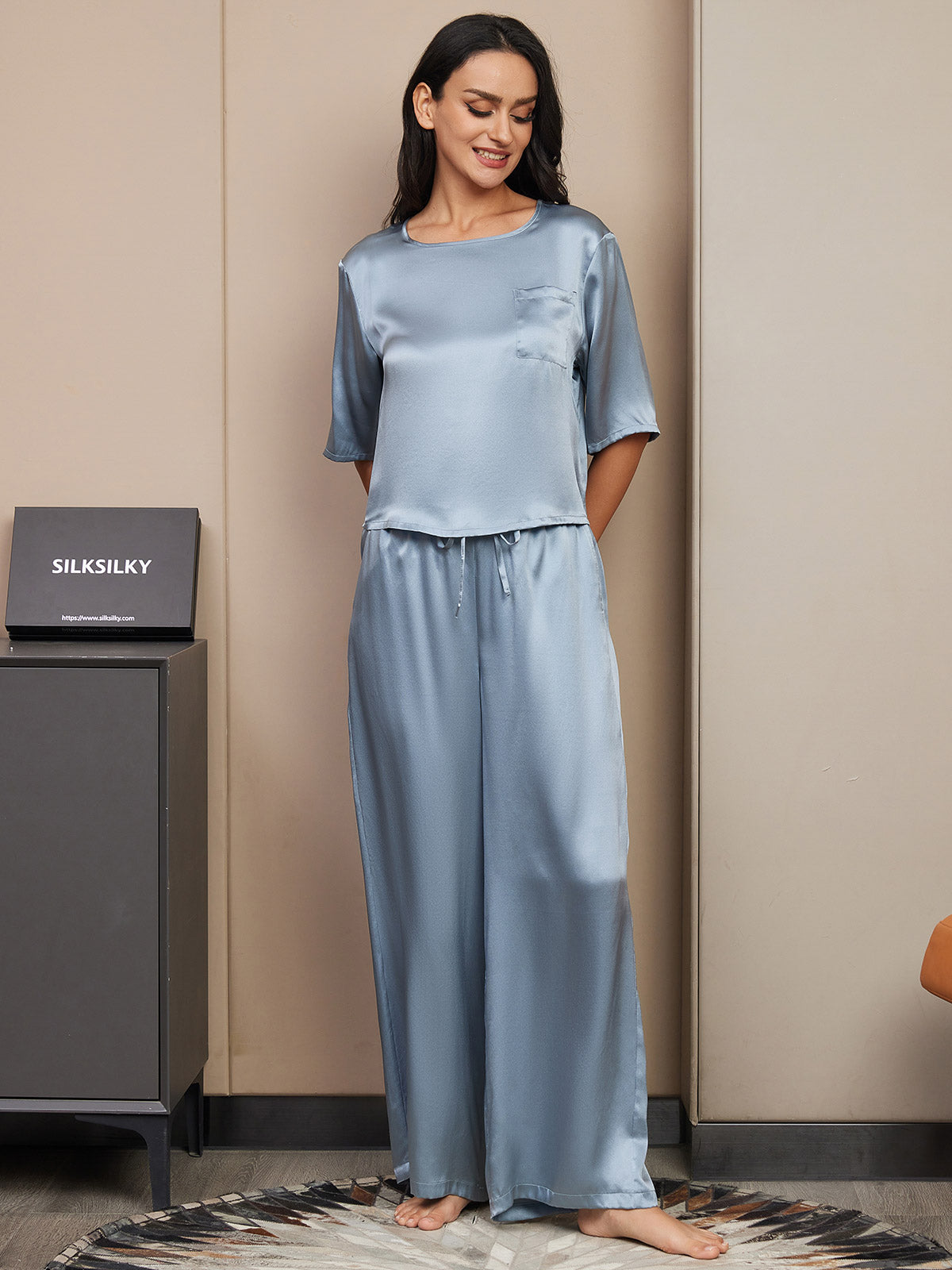 [Grayish Blue] SilkSilky  Pure Silk Round Neck Women's Pajamas 005,