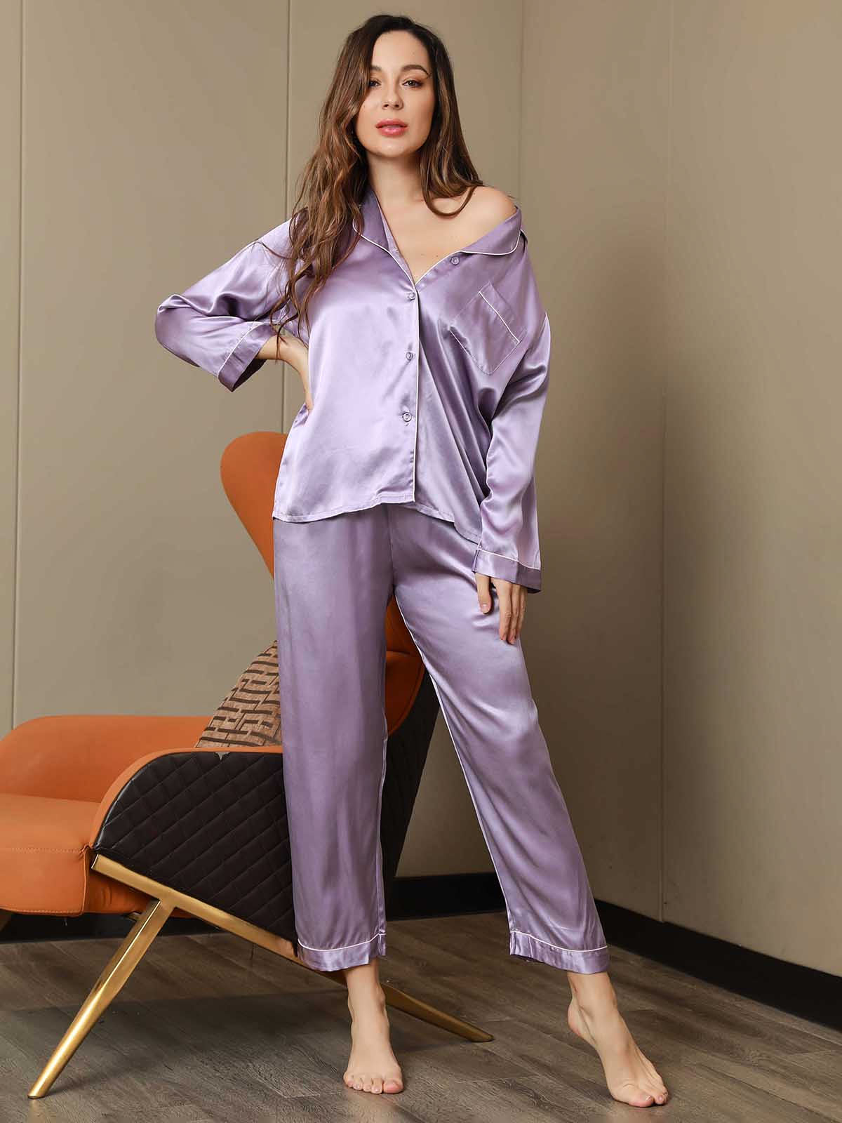[Lavender] SilkSilky  Pure Silk Notch Collar Women's Pajamas 005,
