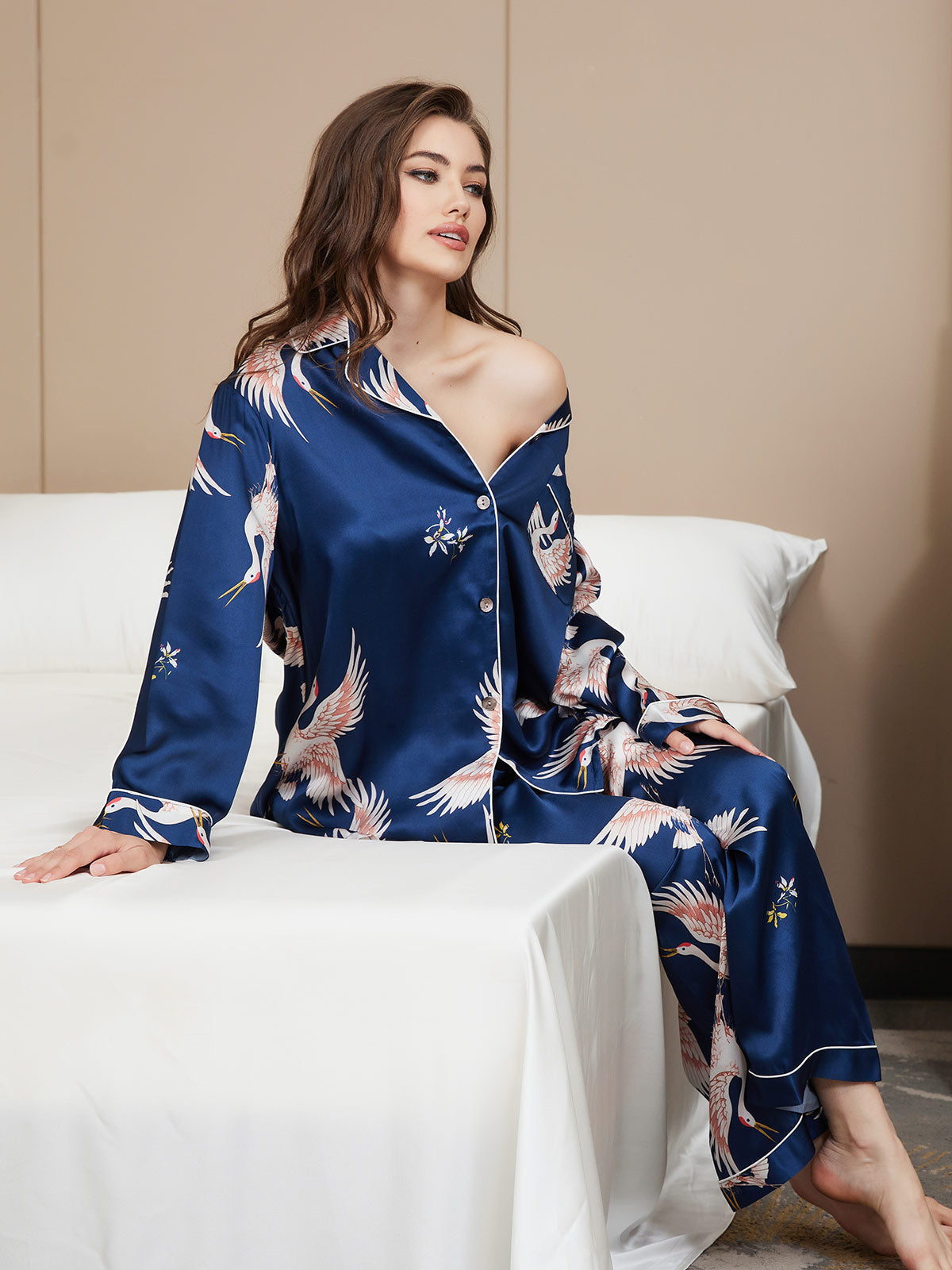 [Dark Blue] SilkSilky  19Momme Pure Silk Notch Collar Women's Pajamas 002,