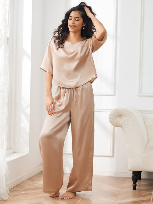 [Champagne] SilkSilky  Pure Silk Round Neck Women's Pajamas 001,