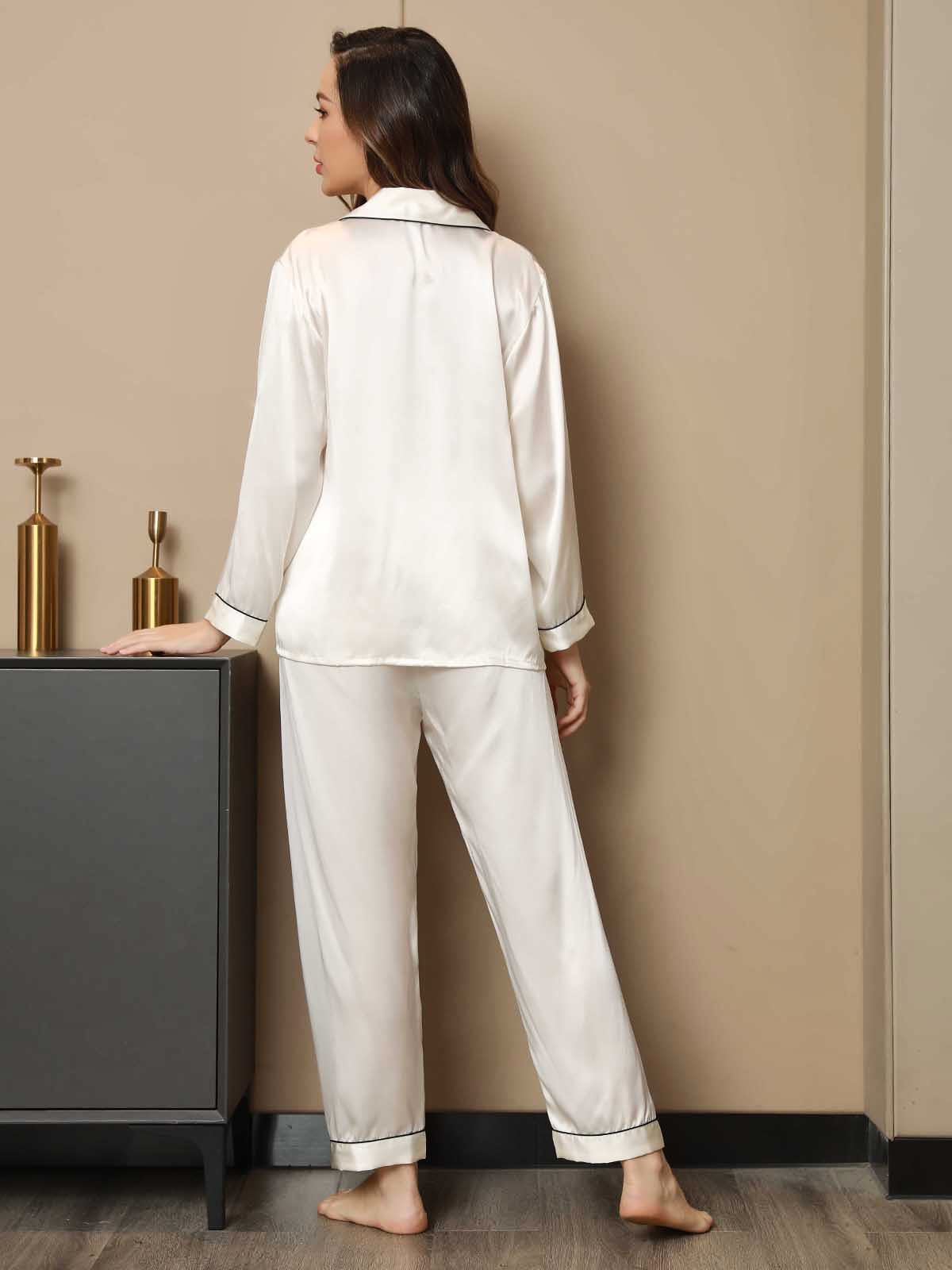 [White] SilkSilky  Pure Silk Notch Collar Women's Pajamas 002,