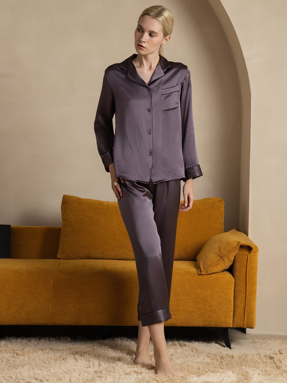[Purple Gray] SilkSilky  Pure Silk Notch Collar Women's Pajamas 007,