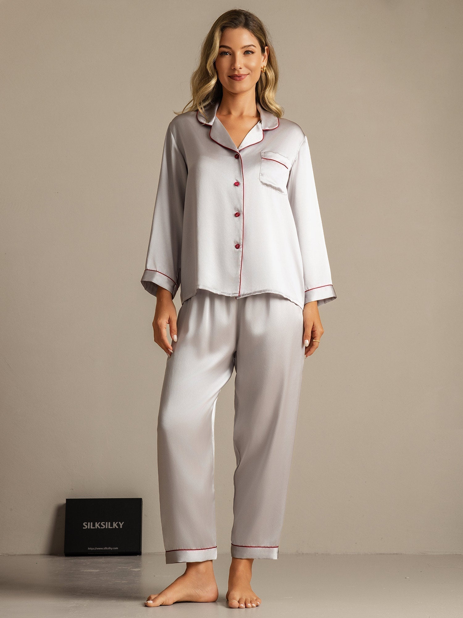 [Silver] SilkSilky  Pure Silk Notch Collar Women's Pajamas 001,