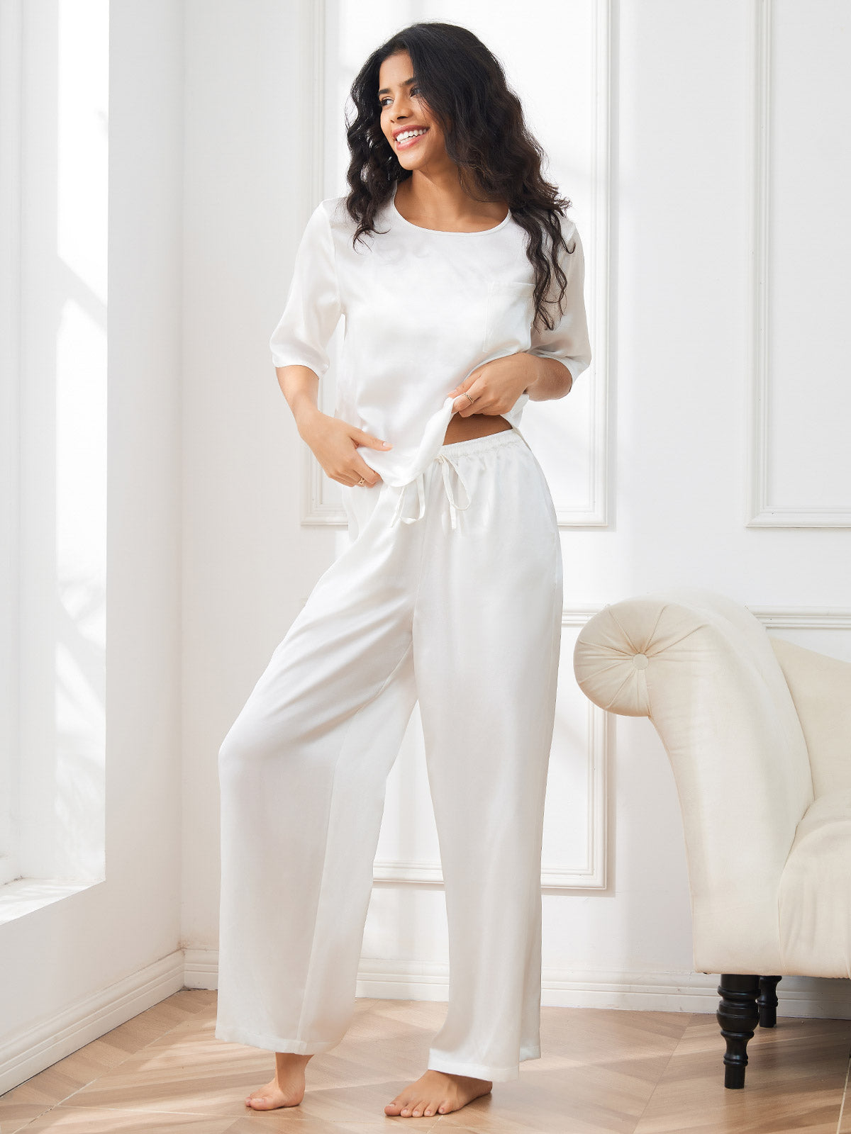 [White] SilkSilky  Pure Silk Round Neck Women's Pajamas 006,