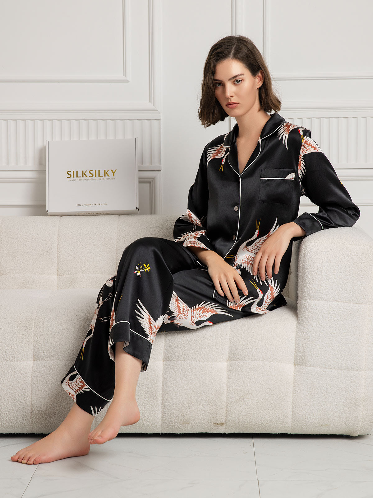 [Black] SilkSilky  19Momme Pure Silk Notch Collar Women's Pajamas 005,
