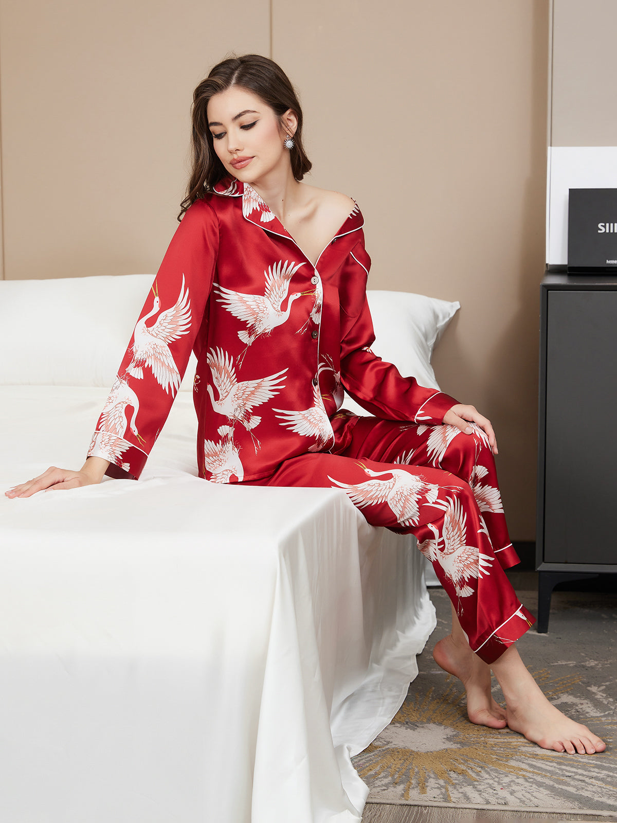 [Dark Red] SilkSilky  19Momme Pure Silk Notch Collar Women's Pajamas 007,
