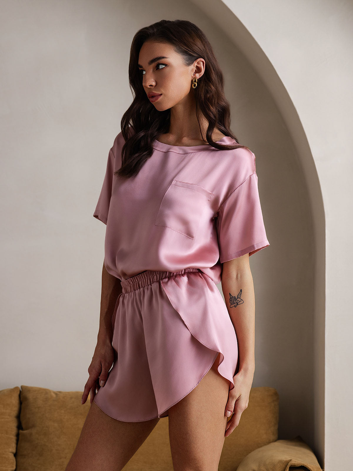 [Pale Mauve] SilkSilky  Pure Silk Round Neck Women's Pajamas 005,