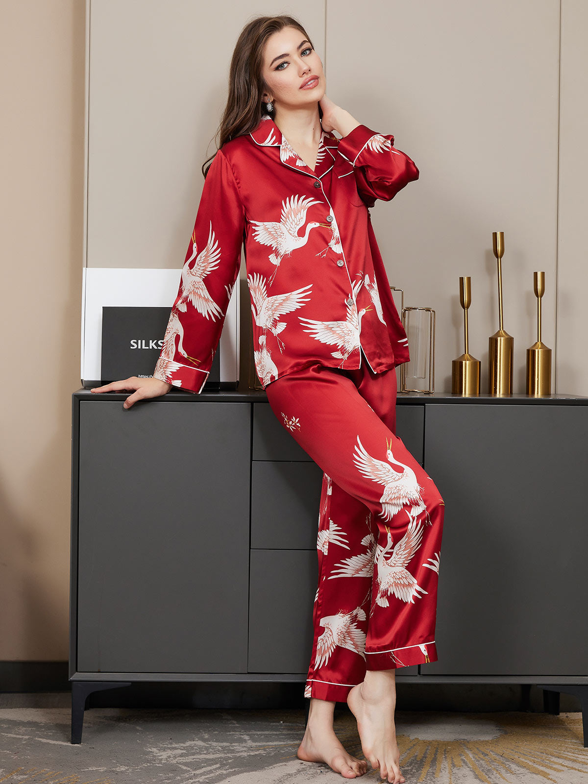[Dark Red] SilkSilky  19Momme Pure Silk Notch Collar Women's Pajamas 002,