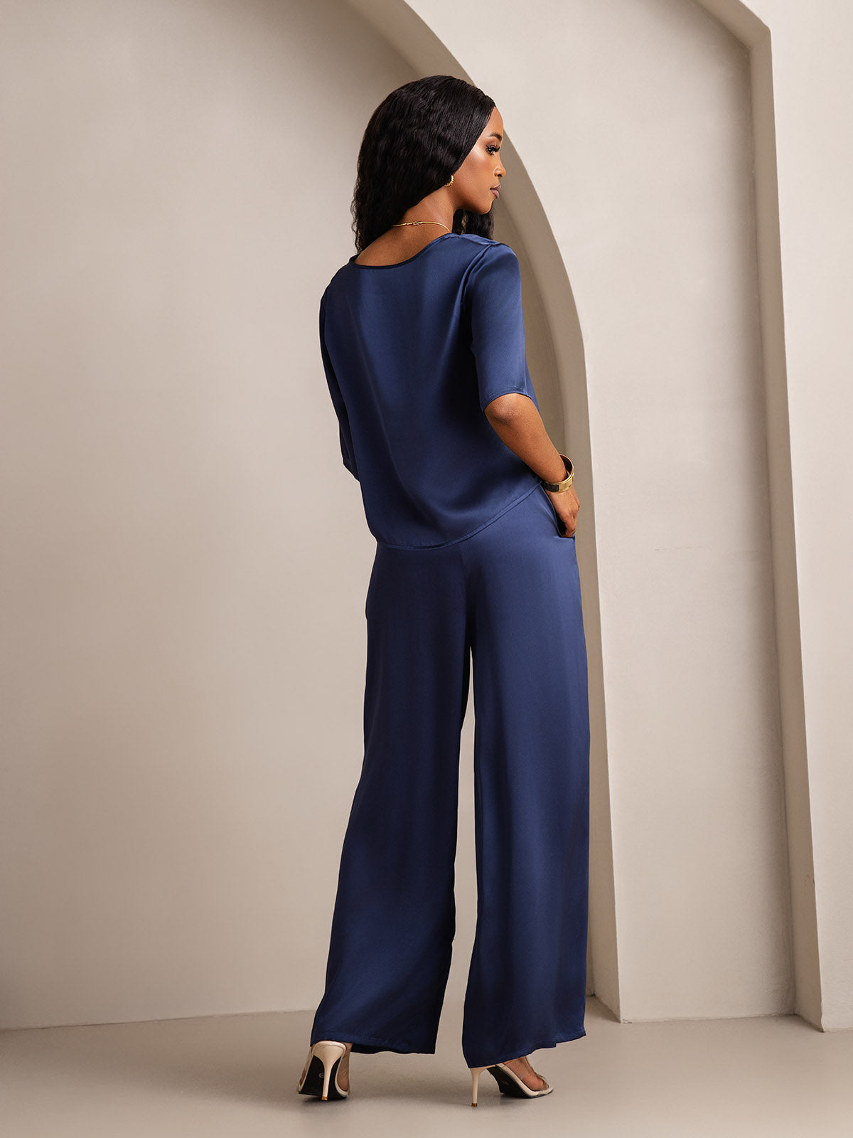[Dark Blue] SilkSilky  Pure Silk Round Neck Women's Pajamas 002,