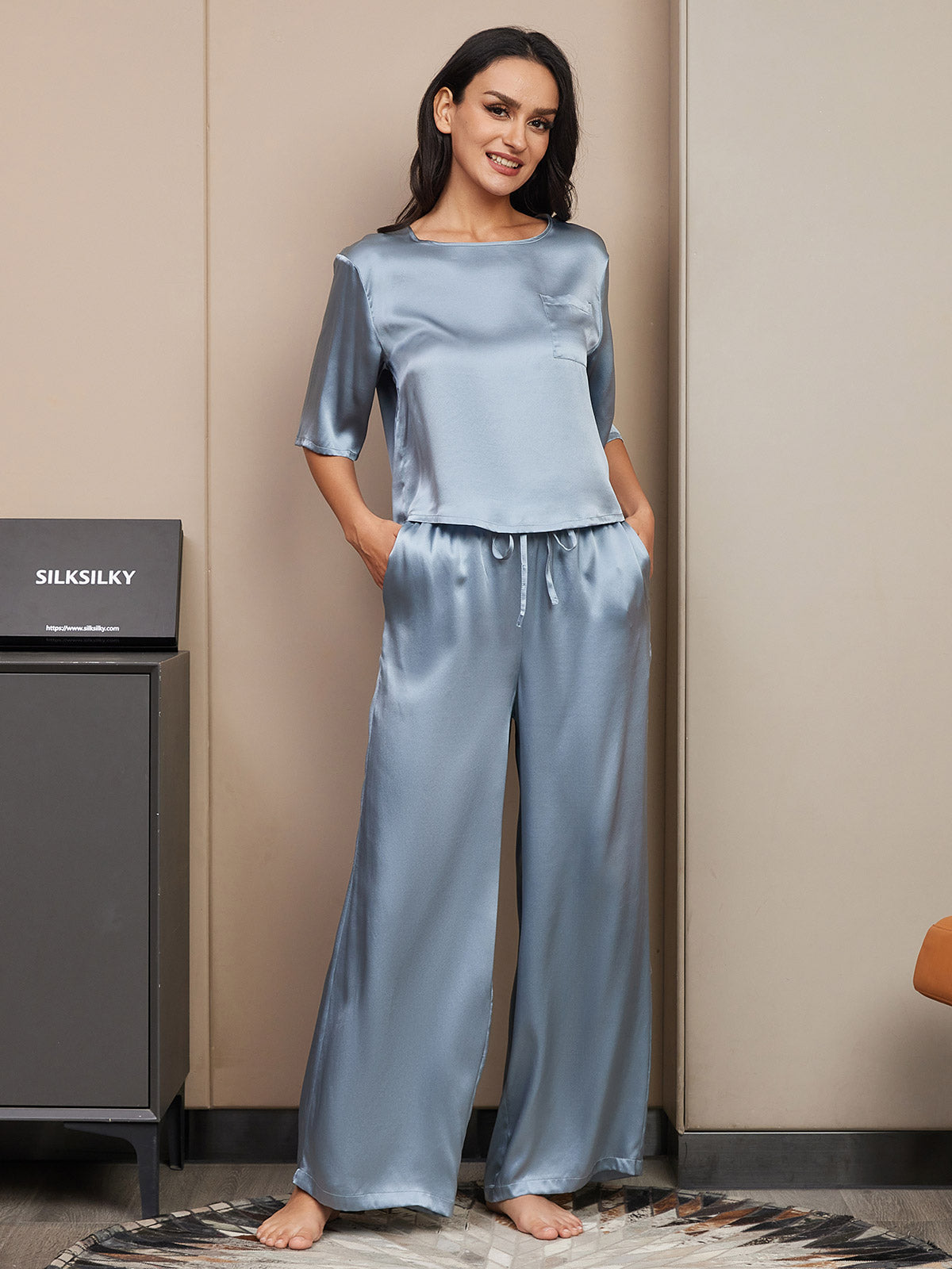 [Grayish Blue] SilkSilky  Pure Silk Round Neck Women's Pajamas 006,