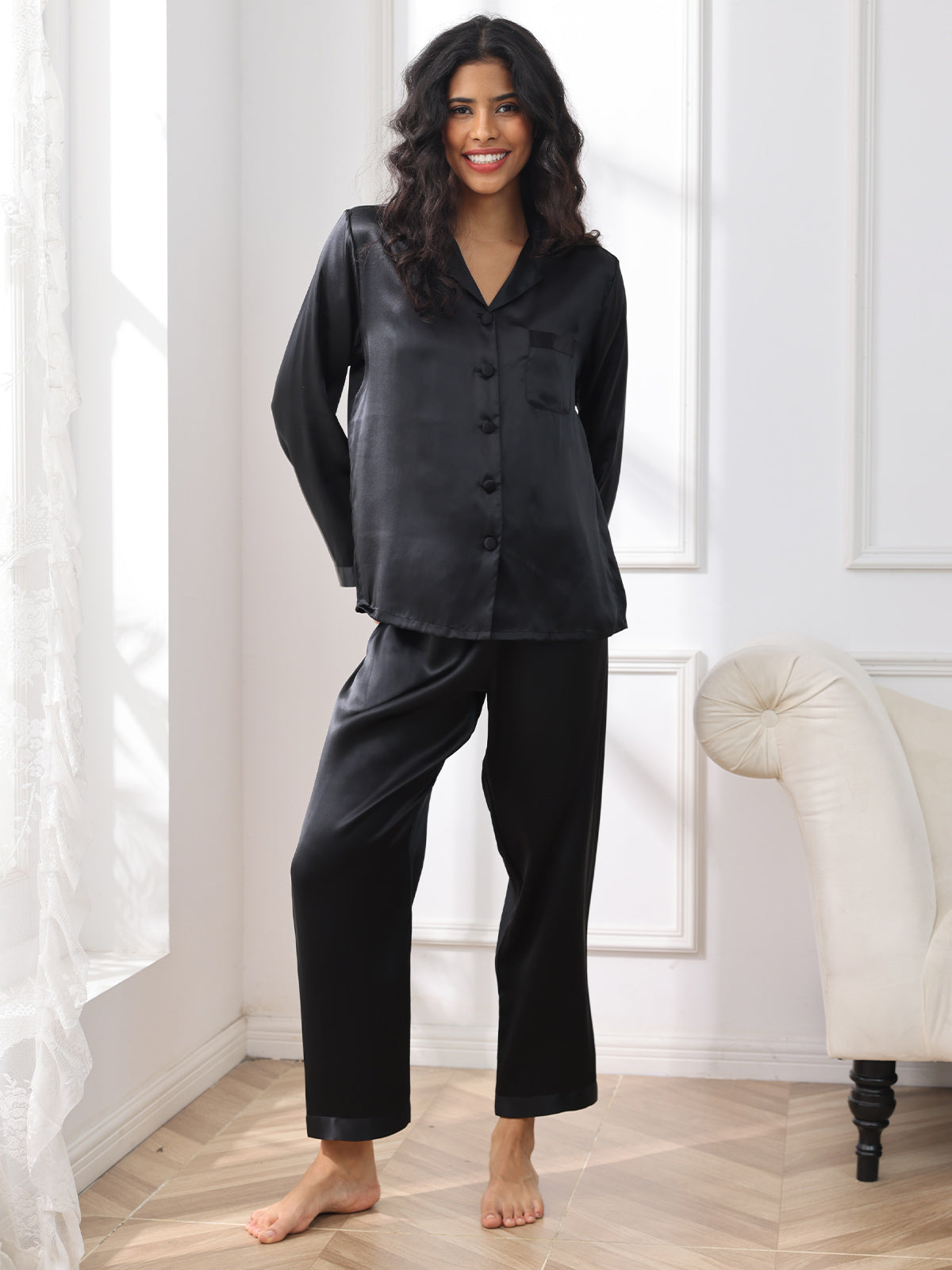 [Black] SilkSilky  Pure Silk Notch Collar Women's Pajamas 003,