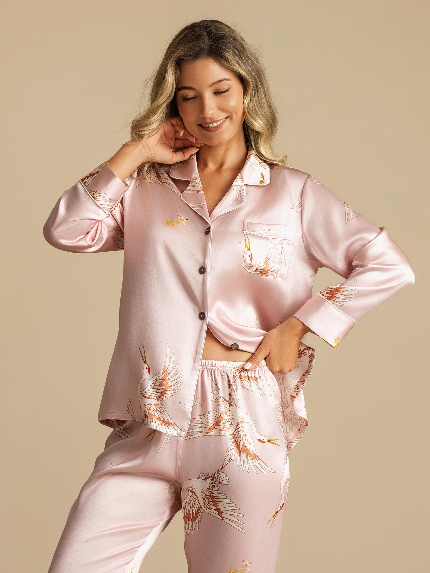 [Pink] SilkSilky  19Momme Pure Silk Notch Collar Women's Pajamas 006,