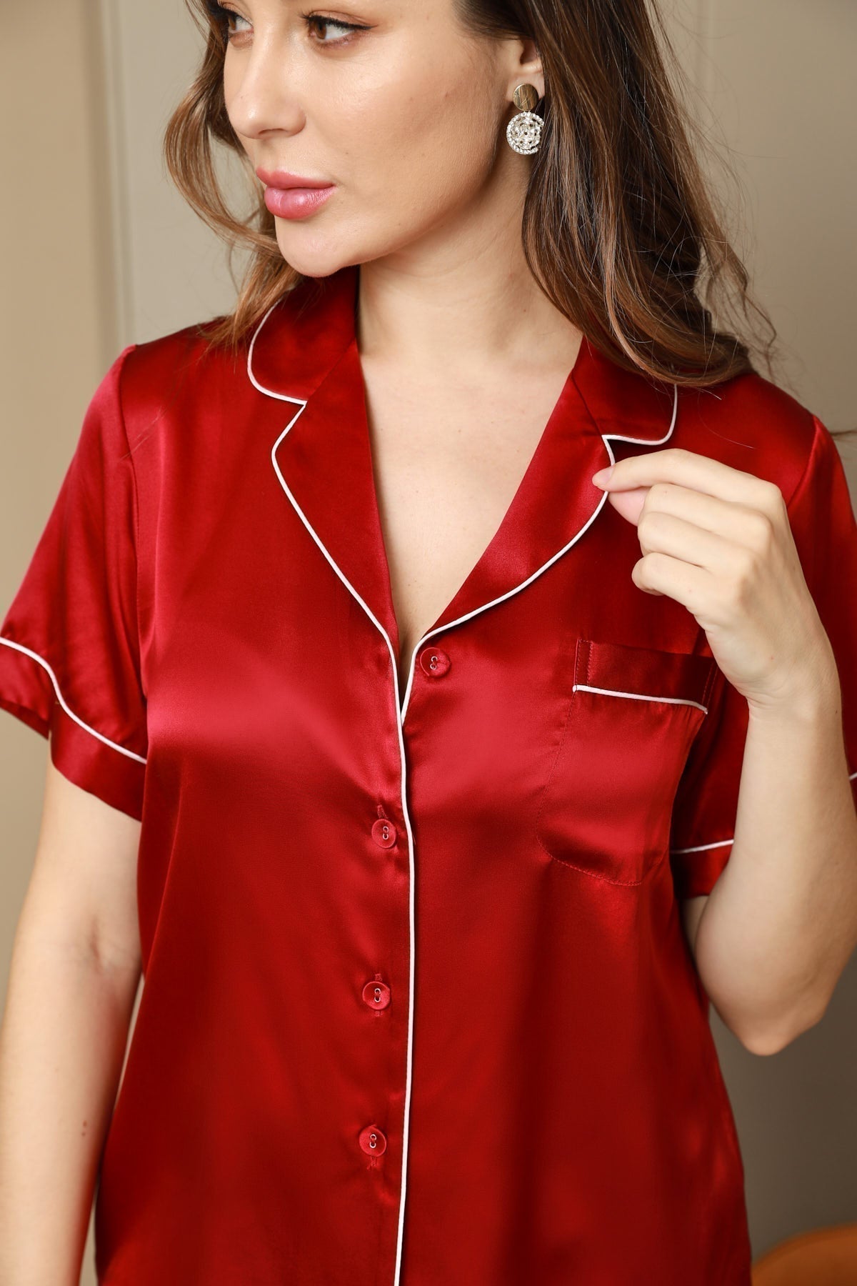[Wine] SilkSilky  Pure Silk Notch Collar Women's Pajamas 008,