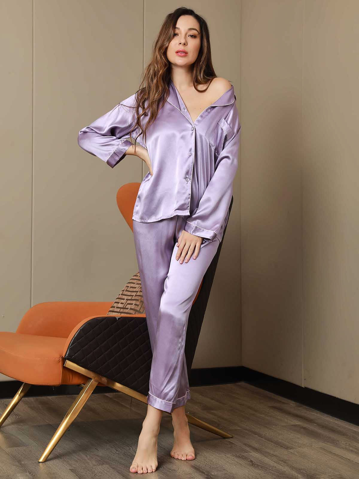 [Lavender] SilkSilky  Pure Silk Notch Collar Women's Pajamas 004,