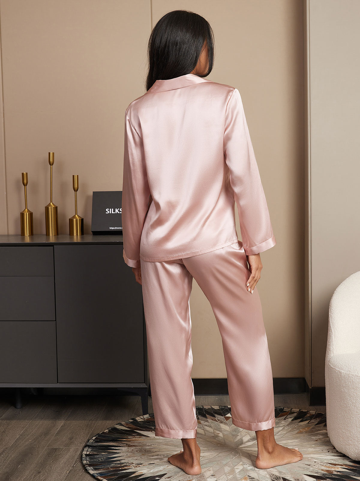 [Pink] SilkSilky  Pure Silk Notch Collar Women's Pajamas 002,