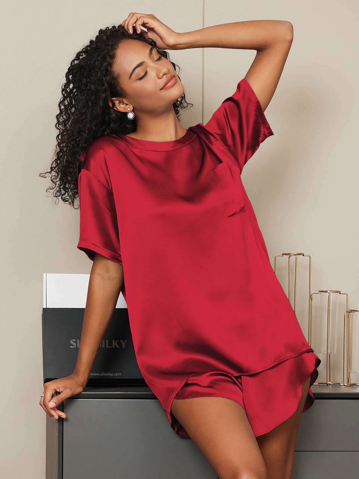 [Wine] SilkSilky  Pure Silk Round Neck Women's Pajamas 004,