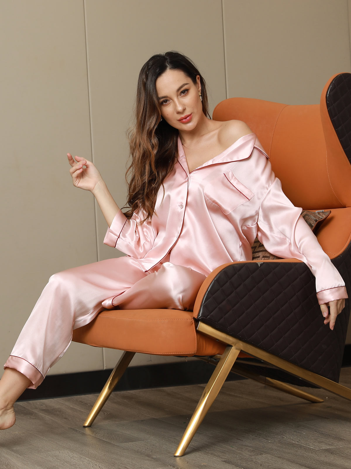 [Pink] SilkSilky  Pure Silk Notch Collar Women's Pajamas 001,