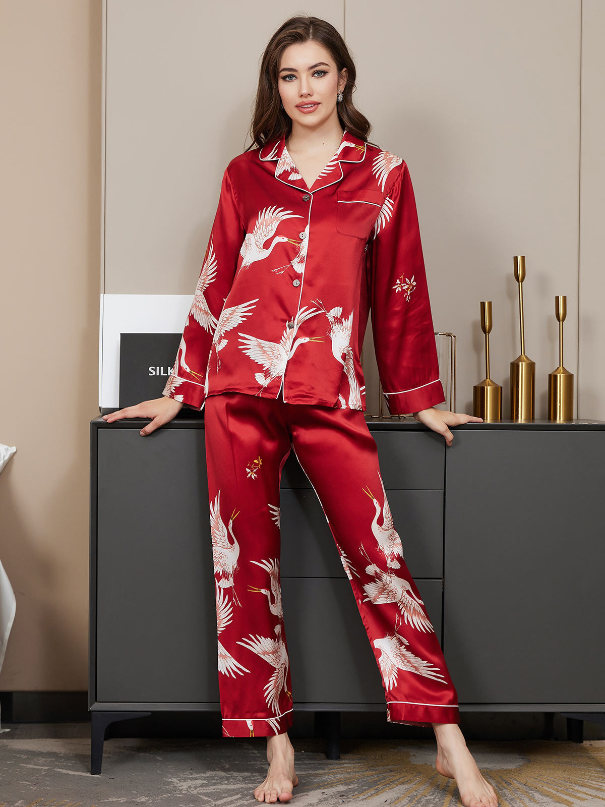 [Dark Red] SilkSilky  19Momme Pure Silk Notch Collar Women's Pajamas 003,