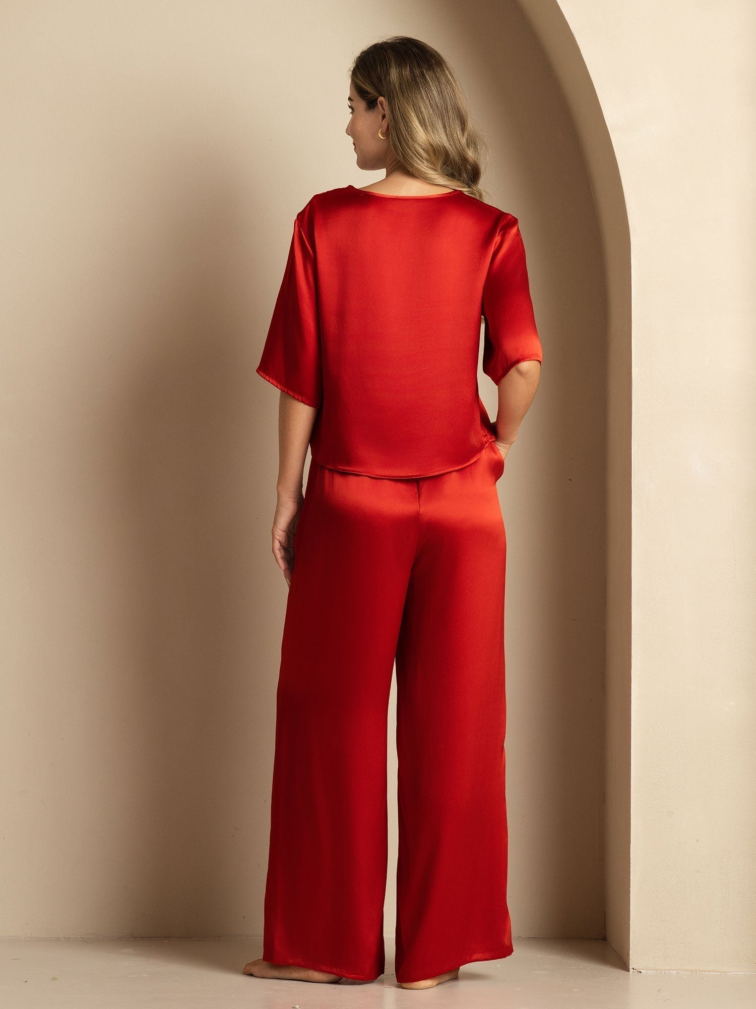 [Wine] SilkSilky  Pure Silk Round Neck Women's Pajamas 002,