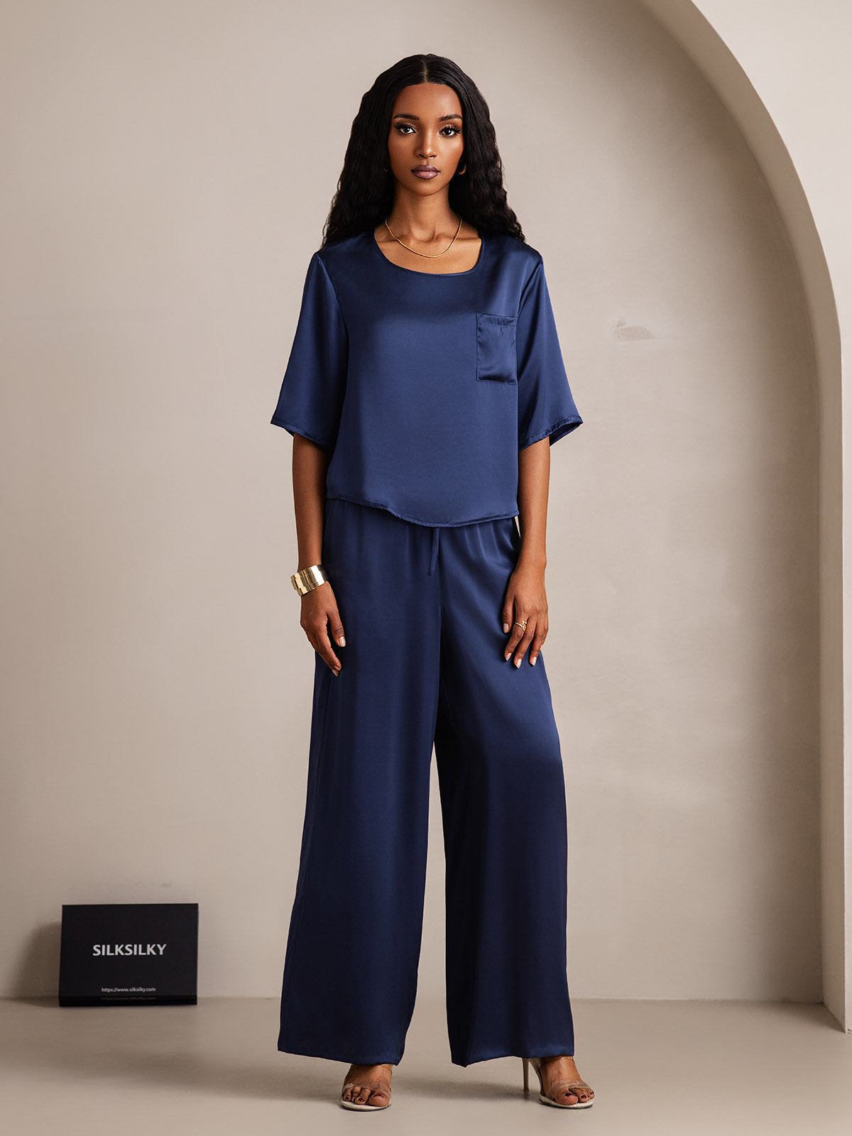 [Dark Blue] SilkSilky  Pure Silk Round Neck Women's Pajamas 005,