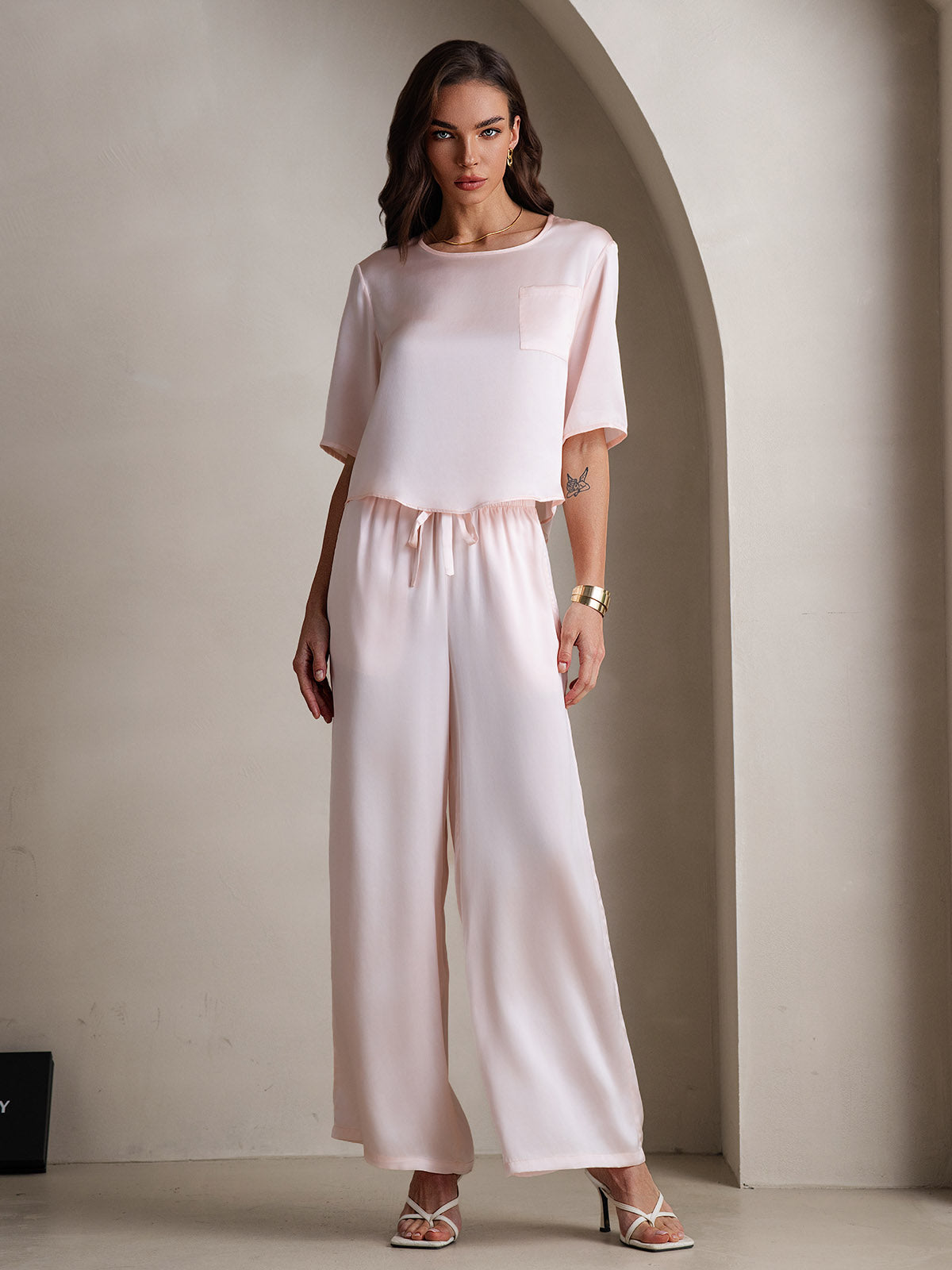 [Pink] SilkSilky  Pure Silk Round Neck Women's Pajamas 001,