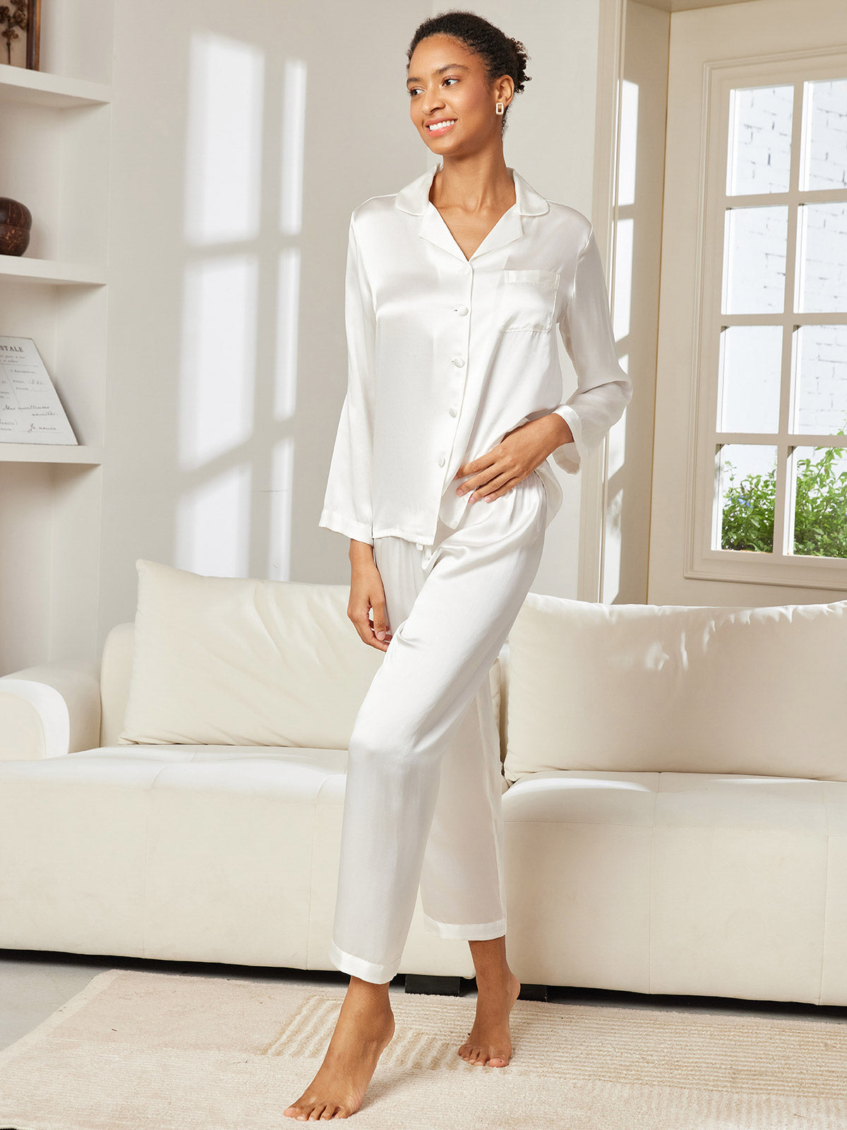 [White] SilkSilky  Pure Silk Notch Collar Women's Pajamas 004,