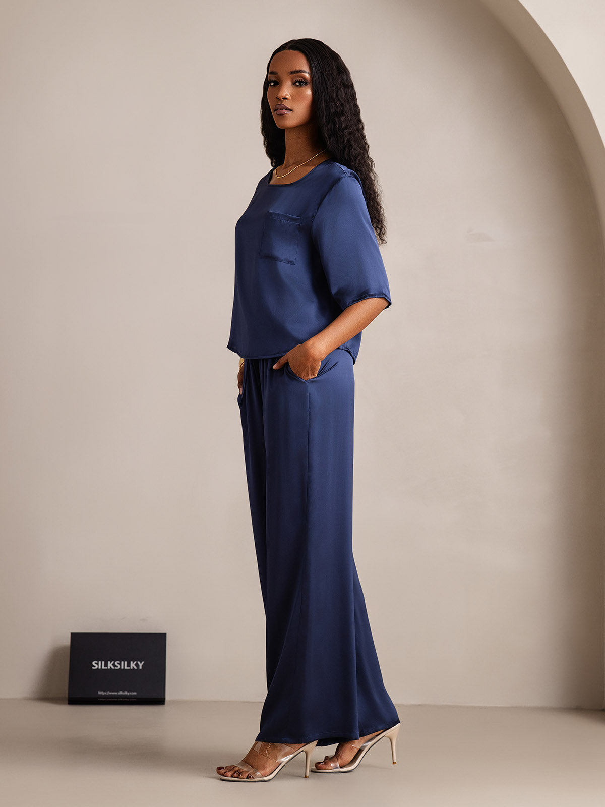 [Dark Blue] SilkSilky  Pure Silk Round Neck Women's Pajamas 004,