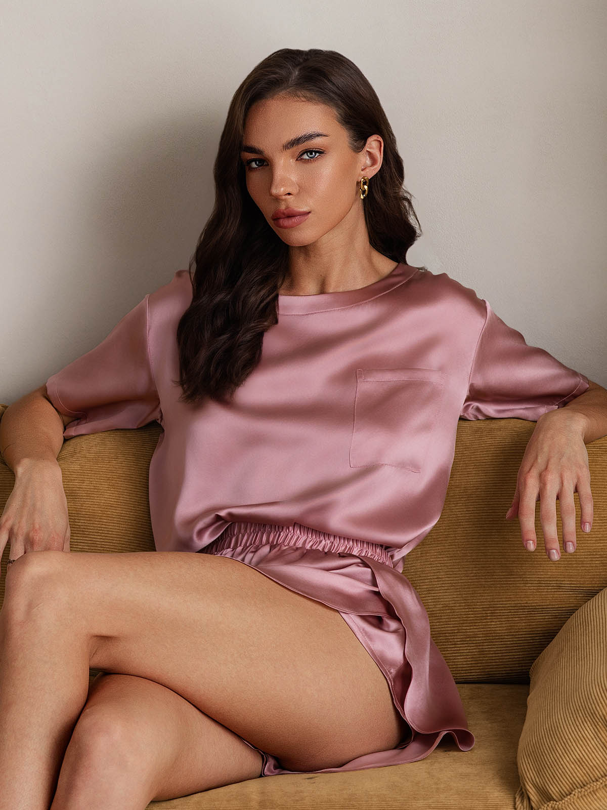 [Pale Mauve] SilkSilky  Pure Silk Round Neck Women's Pajamas 003,