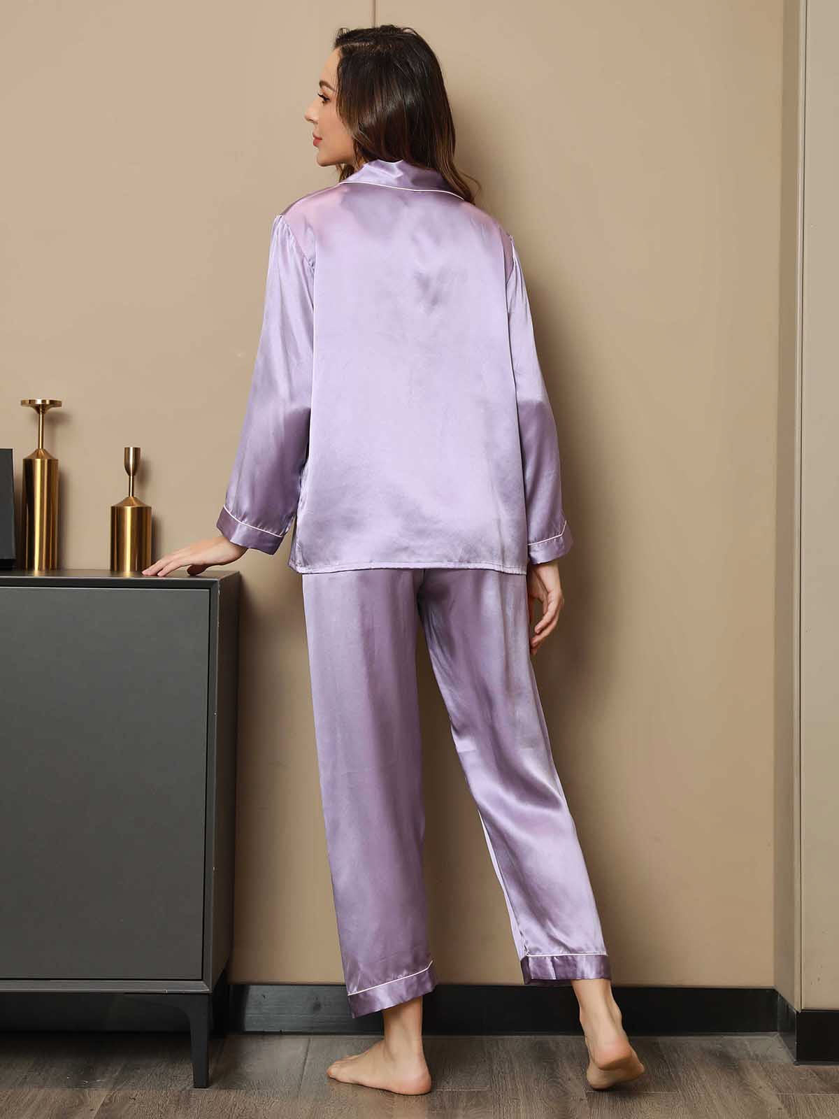 [Lavender] SilkSilky  Pure Silk Notch Collar Women's Pajamas 002,