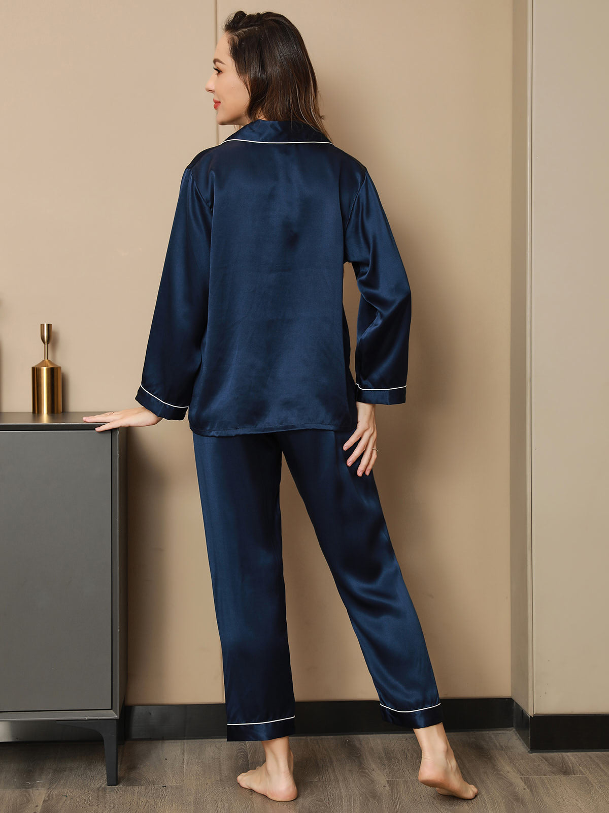[Dark Blue] SilkSilky  Pure Silk Notch Collar Women's Pajamas 002,