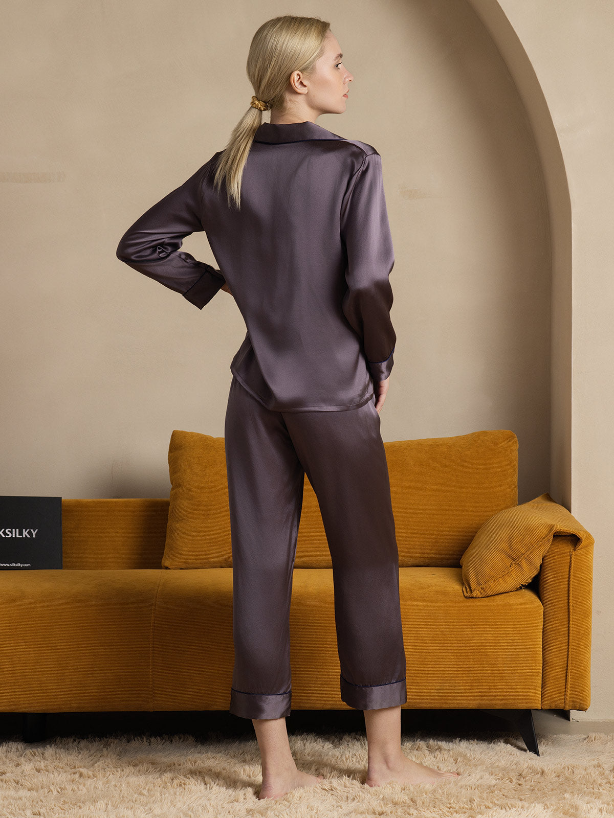 [Purple Gray] SilkSilky  Pure Silk Notch Collar Women's Pajamas 002,