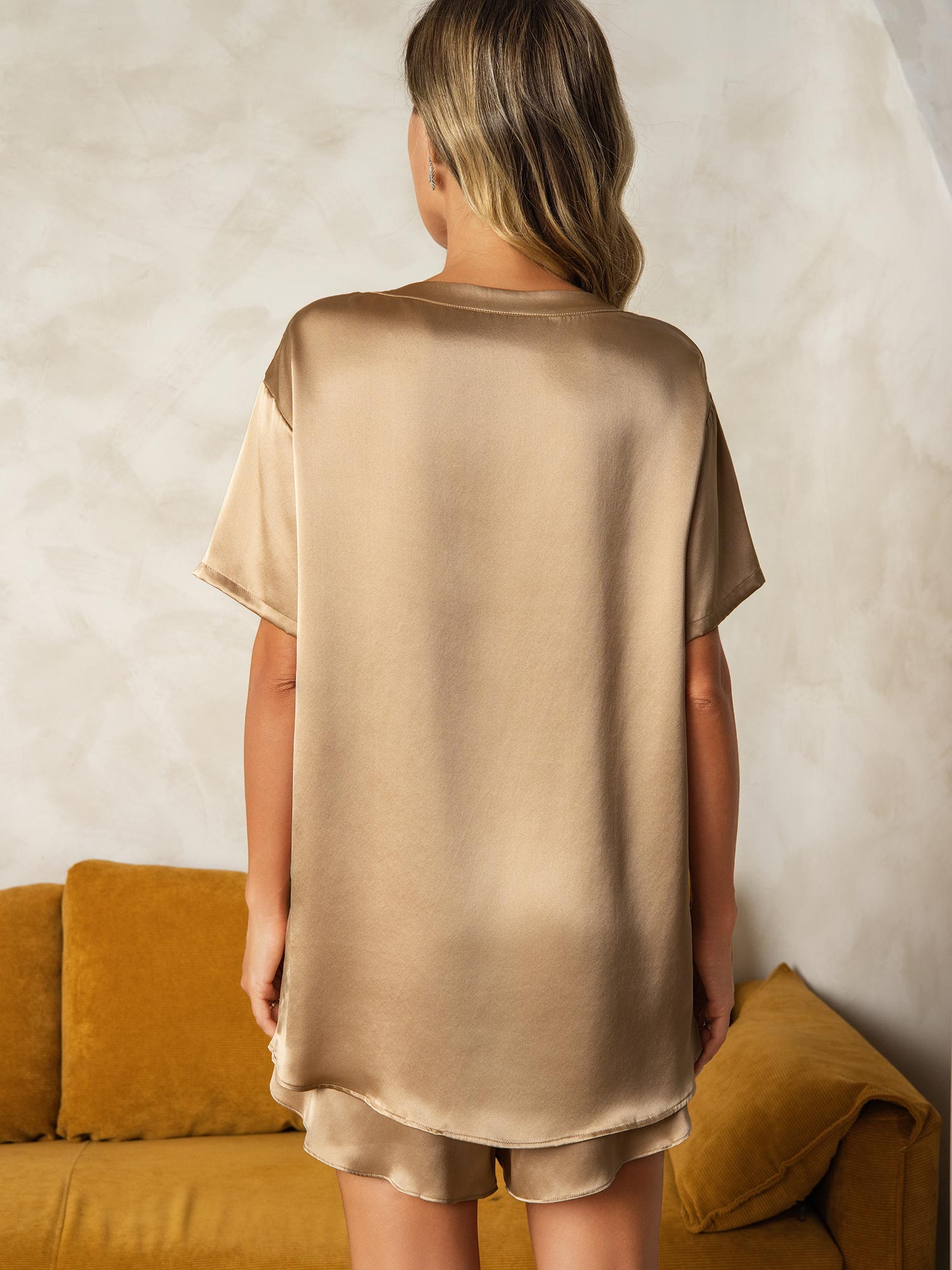 [Champagne] SilkSilky  Pure Silk Round Neck Women's Pajamas 002,