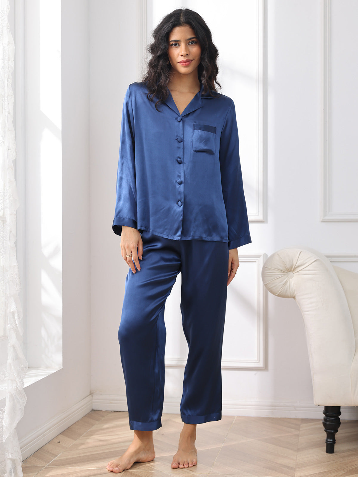 [Dark Blue] SilkSilky  Pure Silk Notch Collar Women's Pajamas 003,