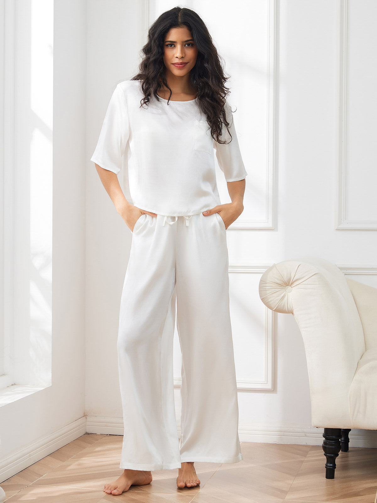 [White] SilkSilky  Pure Silk Round Neck Women's Pajamas 004,
