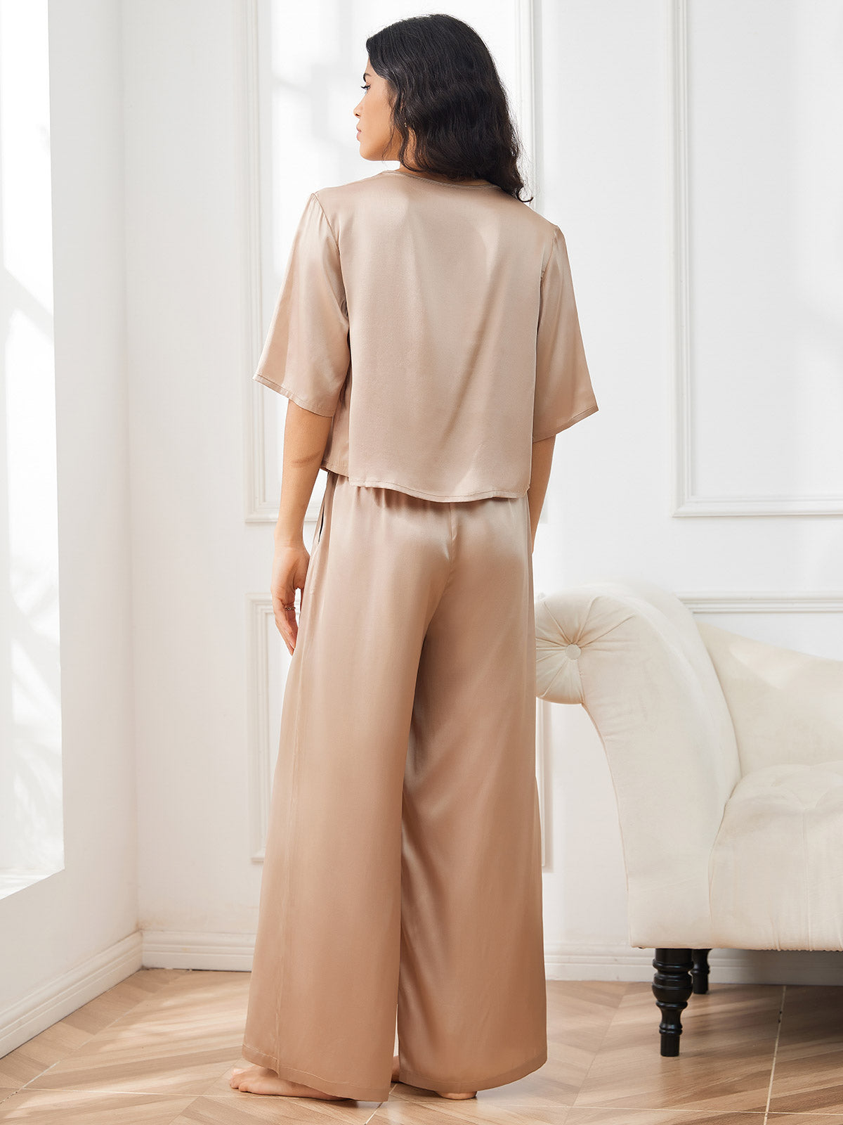 [Champagne] SilkSilky  Pure Silk Round Neck Women's Pajamas 005,