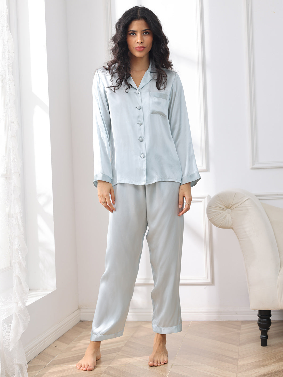 [Light Blue] SilkSilky  Pure Silk Notch Collar Women's Pajamas 003,