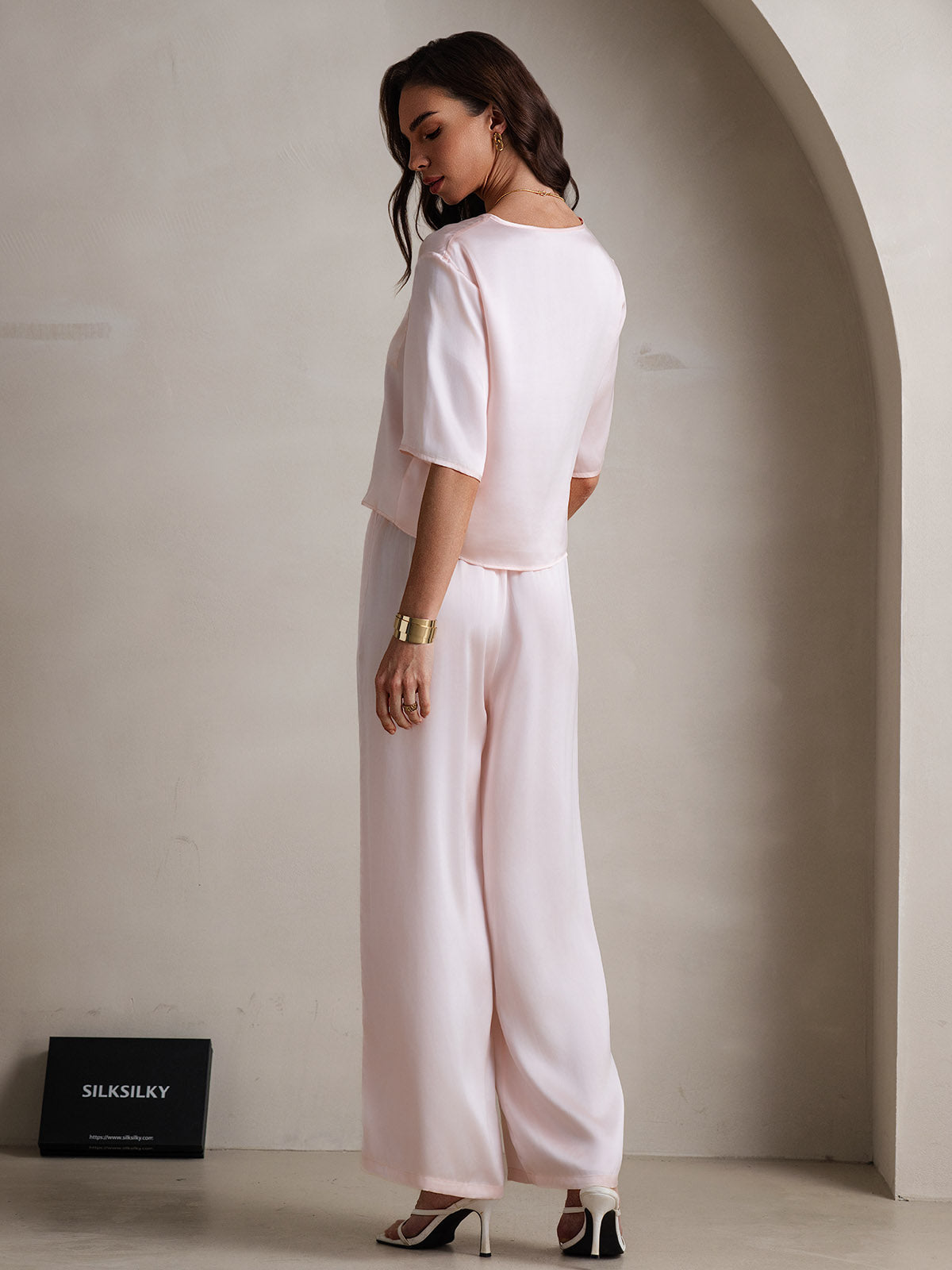 [Pink] SilkSilky  Pure Silk Round Neck Women's Pajamas 002,