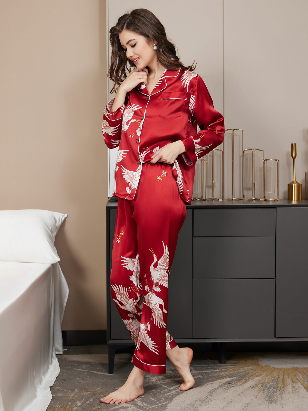 [Dark Red] SilkSilky  19Momme Pure Silk Notch Collar Women's Pajamas 004,